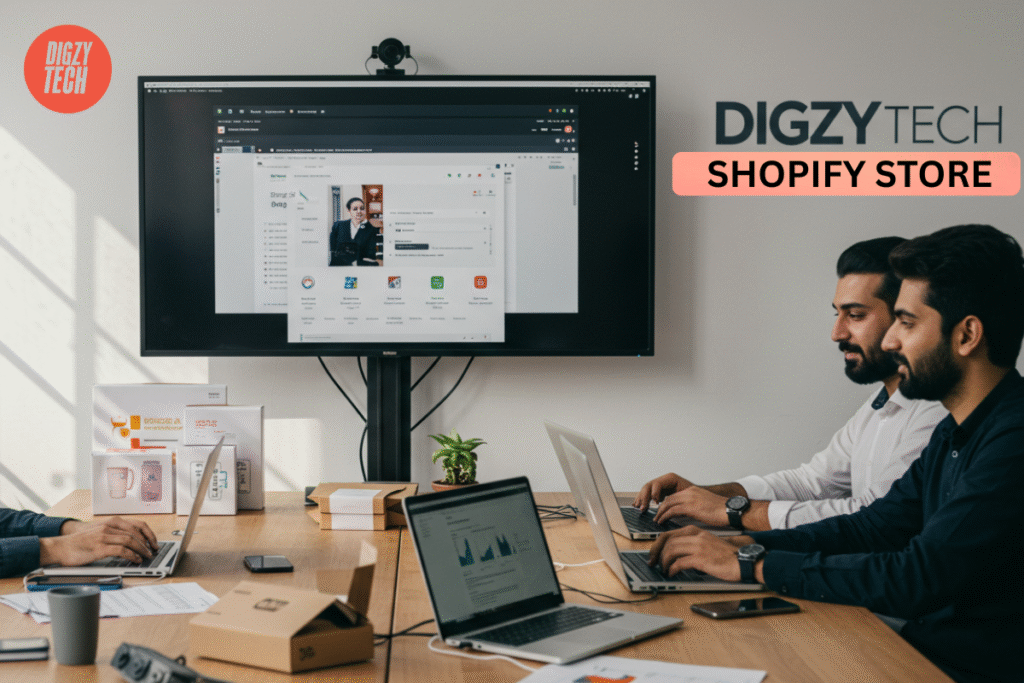 Digzy Tech team managing Shopify store dashboard in a modern Lahore e-commerce office