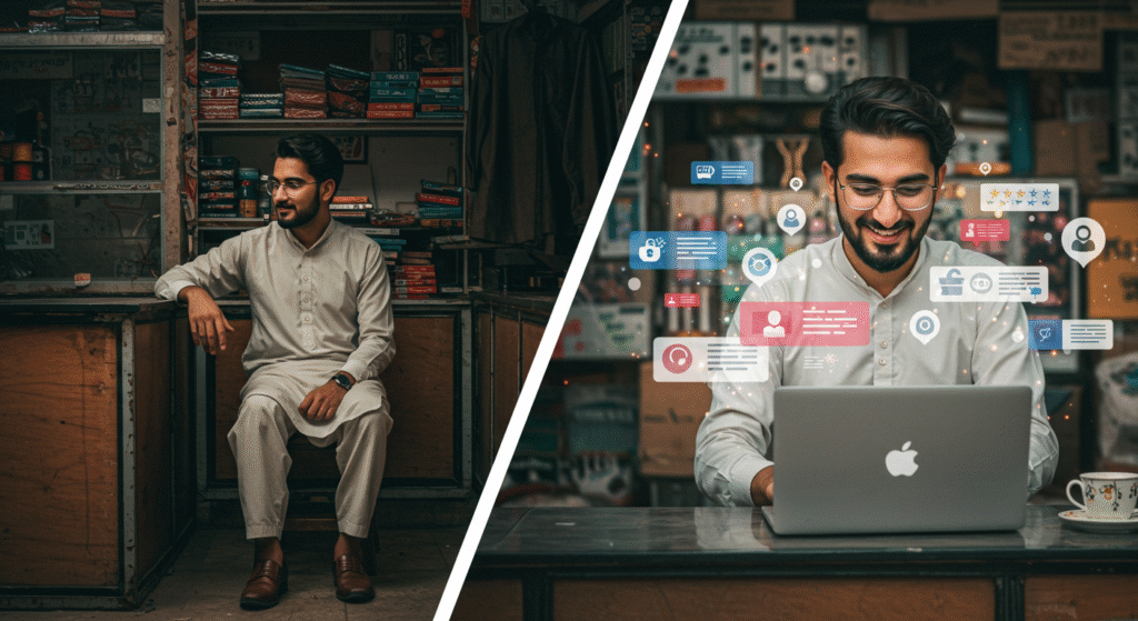 Pakistani small business owner using digital marketing tools on a laptop to grow online without a big budget, with social media and SEO icons in a local workspace.