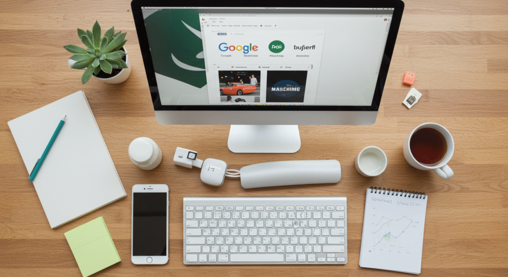 Flat lay of a Pakistani entrepreneur's desk showing Canva, Google My Business, Mailchimp, and Buffer open on laptop screen, highlighting free online marketing tools for small businesses