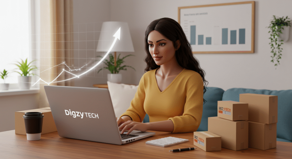 Confident South Asian female entrepreneur working online with Digzy Tech branding on screen, showing growth analytics and packaging products for online sales.