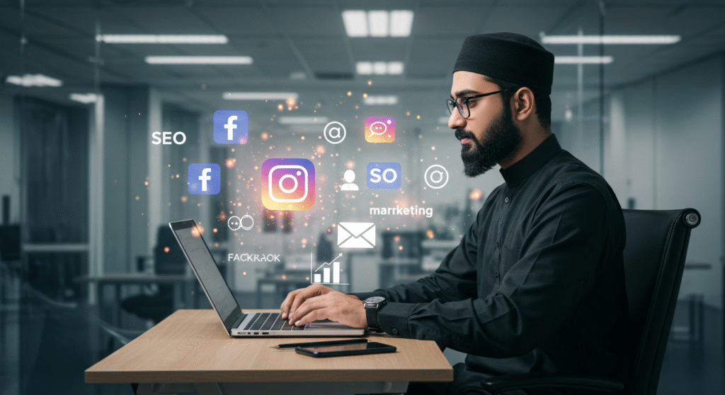 Pakistani small business owner using free digital marketing tools on laptop to grow online without a big budget, showing SEO icons, social media platforms, and analytics in a local workspace.