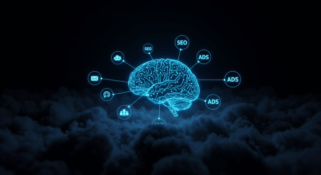 Futuristic AI assistant managing digital marketing tasks like SEO, email, and social media, showcasing smart automation for small businesses.