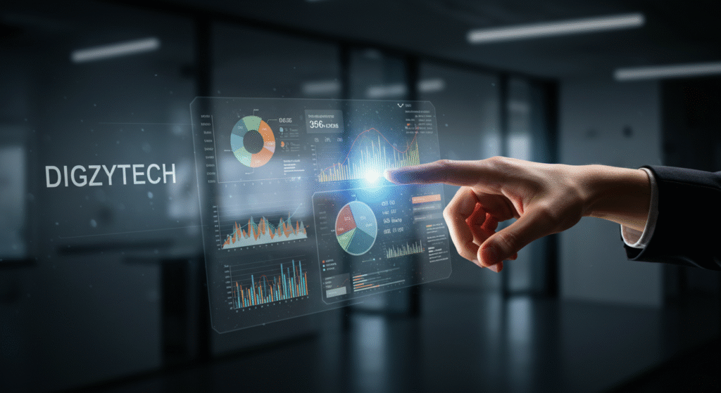 Small business owner surrounded by AI dashboards and digital marketing tools in a modern workspace, with DIGZY TECH name on the wall, symbolizing 2025 automation trends.