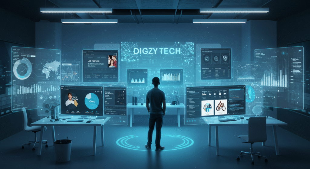 Small business owner using AI automation tools in a futuristic workspace with DIGZY TECH name on wall, representing digital marketing transformation in 2025.