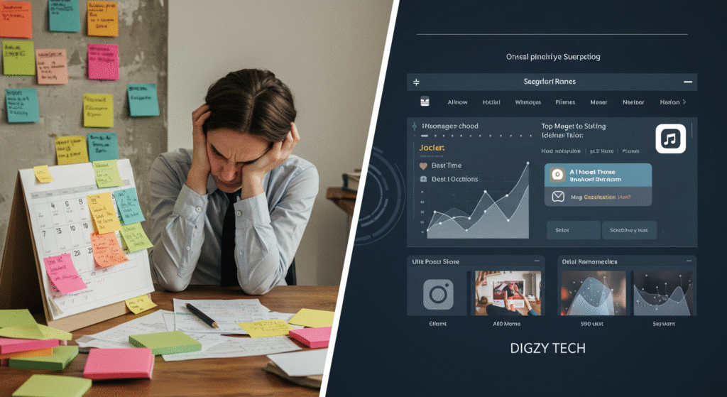 Digital marketer using AI-powered tools in a futuristic office, with social media analytics and Digzy Tech branding on virtual screens.