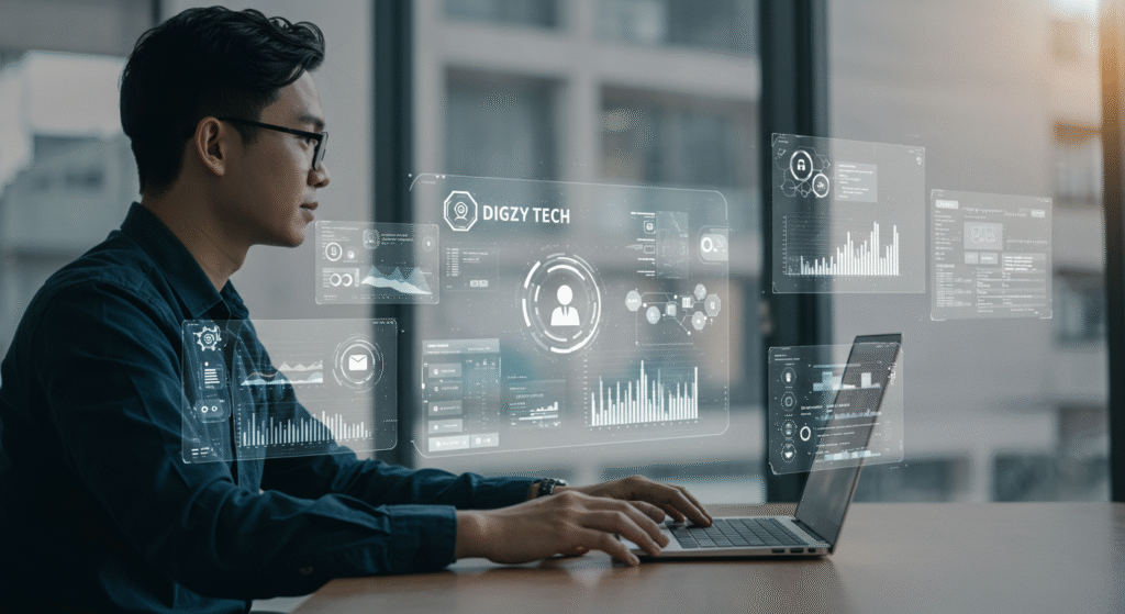 High-tech workspace showing AI-driven social media automation, with floating dashboards and Digzy Tech interface in the background.