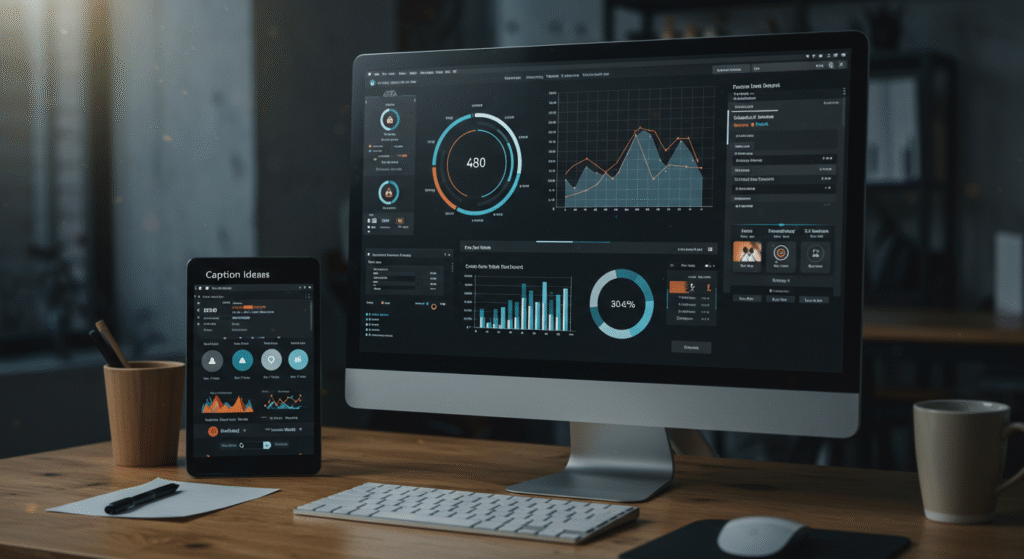 Futuristic screen displaying AI-generated social media metrics, caption suggestions, and post performance data powered by Digzy Tech.
