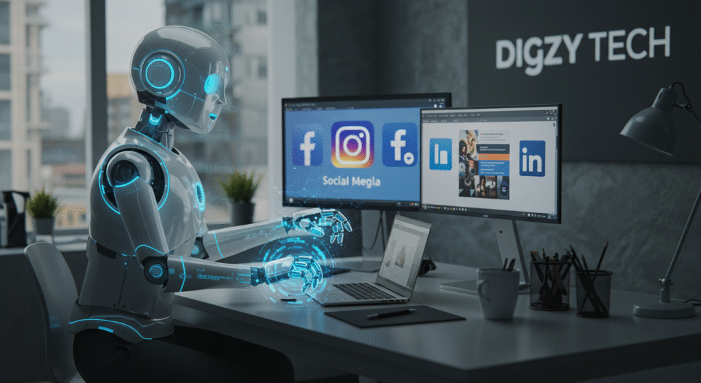 Friendly AI assistant working alongside a digital marketer, helping schedule posts and create content for multiple social platforms.