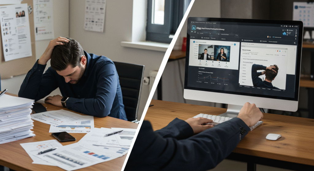 Split view comparing manual vs. AI-automated social media marketing, highlighting time-saving efficiency and Digzy Tech tools.