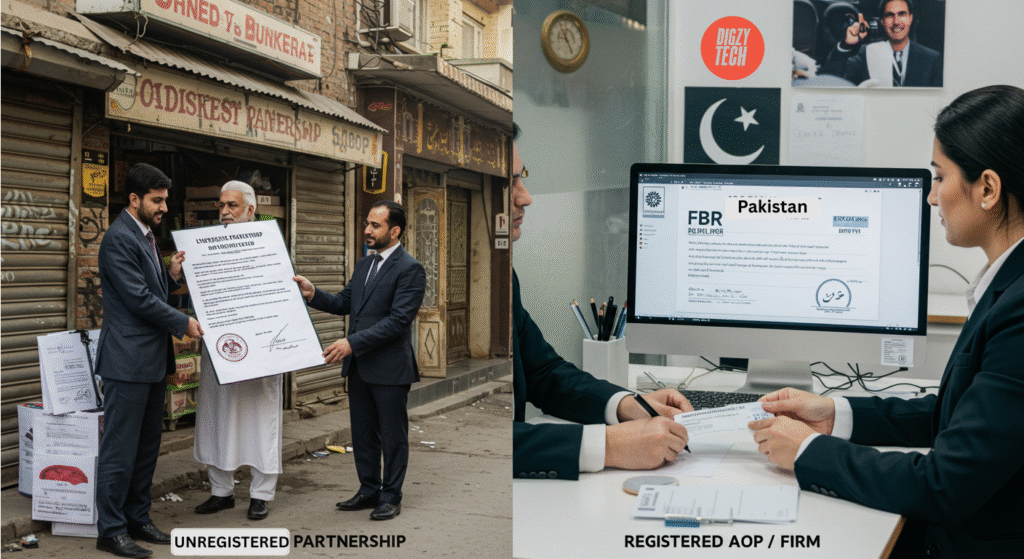 Split-screen image comparing two versions of the same business in Pakistan: left side shows an unregistered, unorganized setup with partners confused and rejected loans; right side shows a legally registered business with professional signage, business banking, and tax compliance.