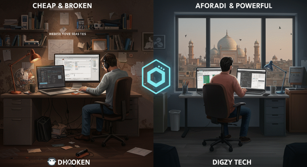 Visual comparison between low-quality and high-quality web development setups in Pakistan