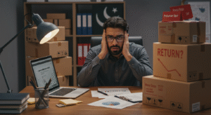 A stressed Pakistani store owner looking at online store failure stats with “Why Do Most Online Stores Fail?