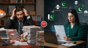 Comparison of a stressed non-NTN taxpayer and a confident NTN-verified business owner, highlighting the impact of compliance on success in Pakistan.