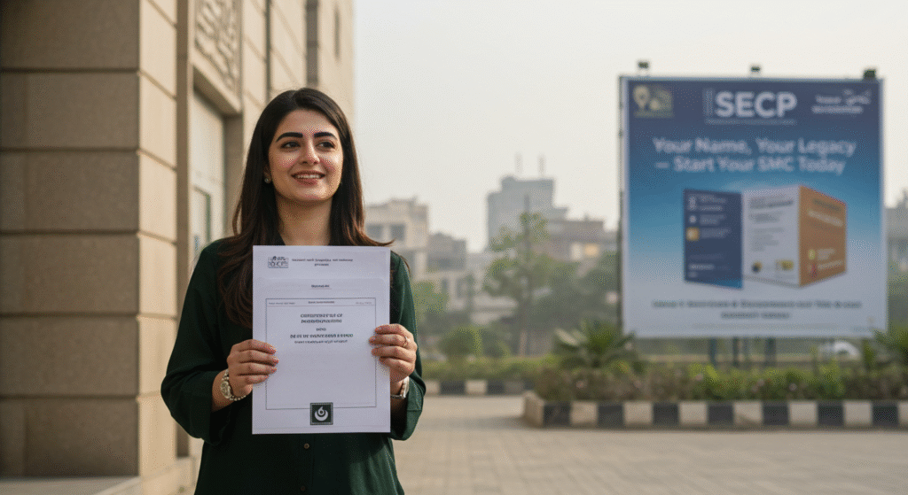Pakistani entrepreneur holding SMC certificate outside SECP building with Lahore city backdrop