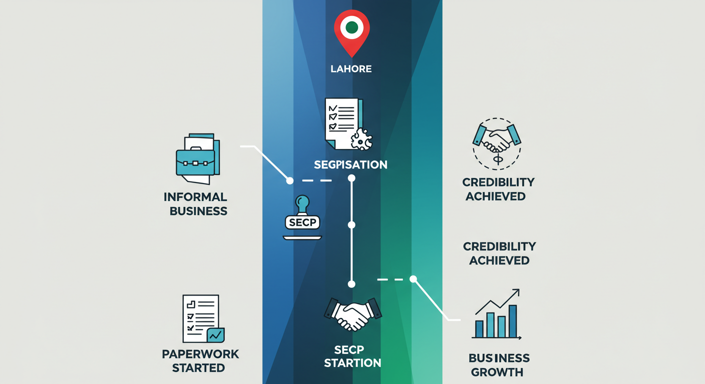 Vertical business timeline from informal to registered SMC with labeled icons and Lahore pin at the top