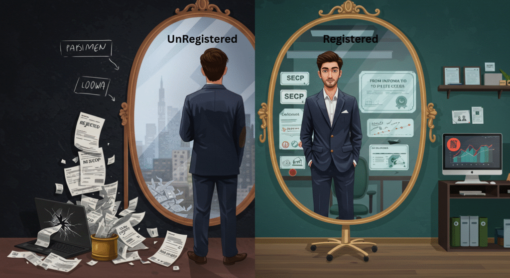 Pakistani entrepreneur sees successful Pvt Ltd version of himself in the mirror, symbolizing business transformation.