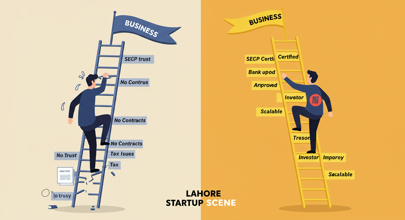 Two entrepreneurs climbing business ladders; Pvt Ltd climbs smoothly, informal struggles on broken rungs.