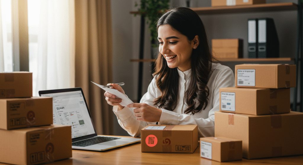 A Pakistani business owner managing Shopify orders in a small office with labeled packages and inventory on a laptop screen.