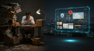 Visual transformation of a struggling Pakistani business owner using AI-powered graphic design to fix branding problems