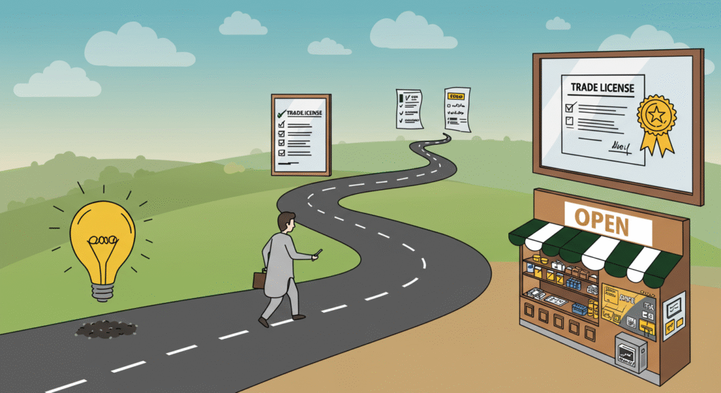 Visual map showing a Pakistani entrepreneur's journey to getting a trade license, featuring icons for documents, city government office, fee payment, site inspection, and business opening.