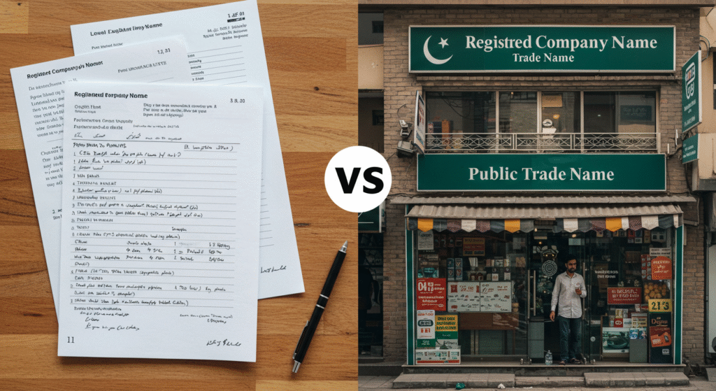 Side-by-side illustration of legal business name on company documents and a trade name displayed on a storefront in a Pakistani marketplace.