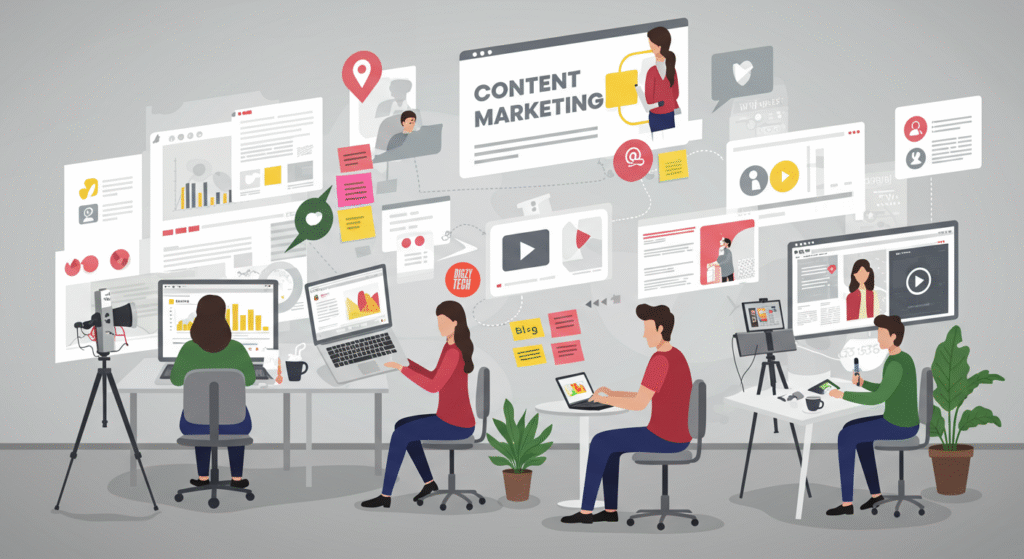 Professional content creation services for businesses in Lahore – Digzy Tech team collaborating on digital content strategy